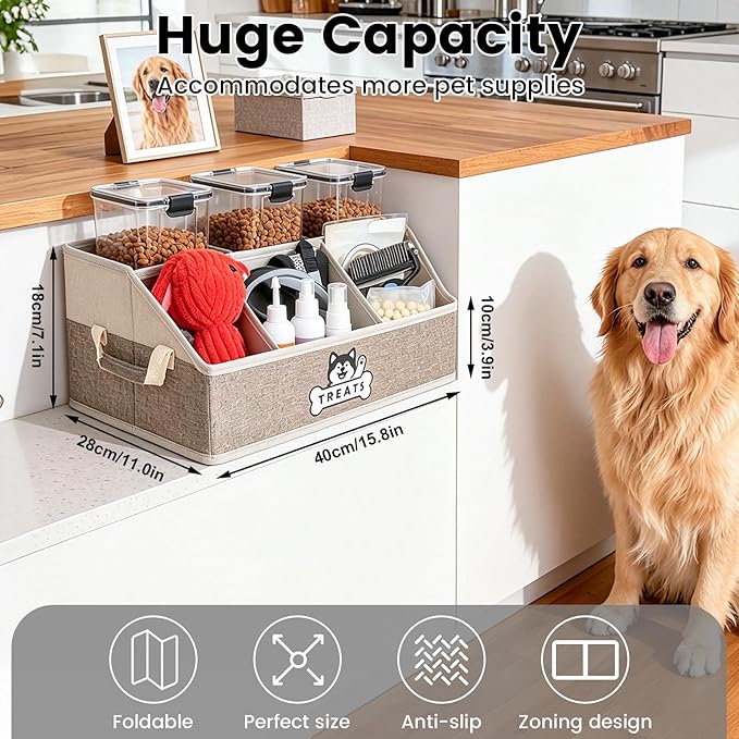 Dog Treat Container Basket for Countertop, Foldable Pet Toy Box for Living Room Area with Handles, Dog Storage Organizer with Removable Dividers for Treat Container, Leashes, Canned food (Brown)