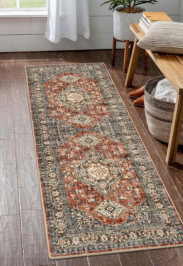 Lahome Oriental Washable Kitchen Runner Rug, 2x6 Carpet Runners for Hallway 6ft Non Skid, Vintage Soft Hallway Rug for Bathroom Bedroom Entryway Eleanor, Brick Red