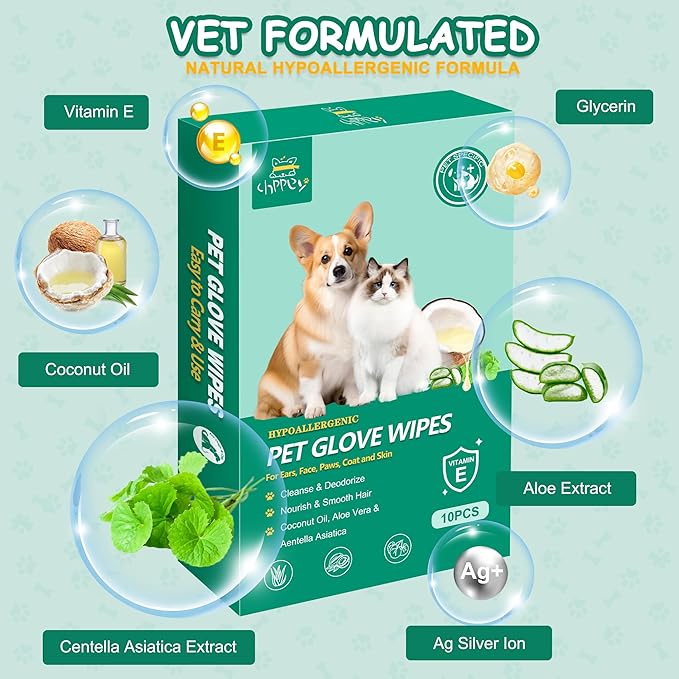 CHPPEY 20 PCS Pet Cleaning and Deodorizing Bathing Grooming Glove Wipes for Dogs and Cats, Extra Thick Nourish Fur No-Rinse Grooming Wipes for Daily Care and Travel, Hypoallergenic