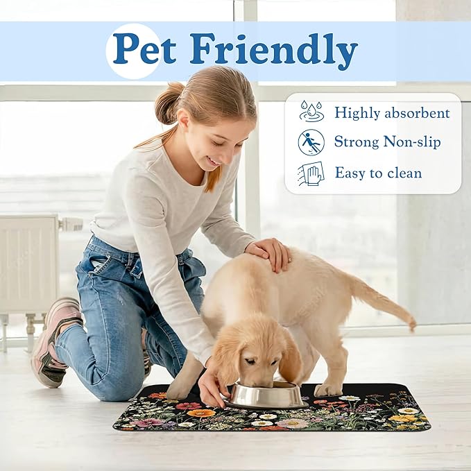 Vintage Wild Herbs Dog Cat Food Mat–Christmas Stocking Absorbent Waterproof Placemat for Food and Water Bowls, Non Slip Rubber Backing, Feeding Mat for Clean Floors 16"x24"