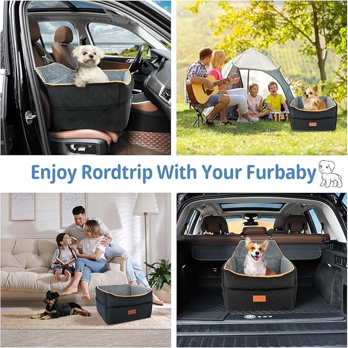GL GLENSLAVE Dog Car Seat for Small Medium Dogs, Memory Foam Dog Booster Car Seat for Pets Under 35 lbs, Anti-Slip Pet Carseat with 2 Adjustable Leashes, Elevated Dog Travel Bed with Storage Pockets