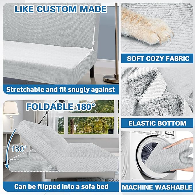 ZNSAYOTX Stretch Fit Futon Cover (67"-82") Armless Futon Sofa Bed Slipcover with Elastic Band, Universal Foldable Sofa Mattress Protector Full Queen Size, Washable Comfort Jacquard (Silver Grey)