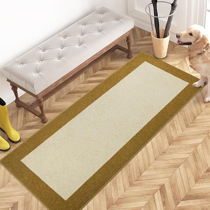 PURRUGS Dirt Trapping Door Mat 24" x 60", Non-Slip Machine Washable Entry Rug, Entrance Mat, Indoor Front Door Mat, Super Absorbent Entryway Rug for Muddy Shoes & Paws, Light Cream & Gold