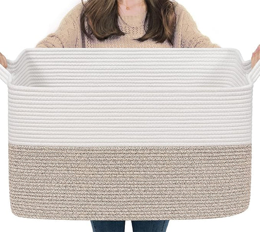Goodpick Large Blanket Basket 22" x 17" x 12" Woven Storage Baskets for Organizing, Rectangle Cotton Rope Basket for Living Room Bedroom, Toy Baskets Storage Kids, White & Brown