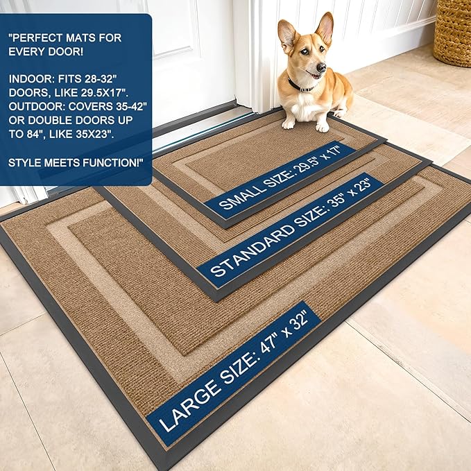 OLANLY Front Door Mat Indoor Outdoor Entrance, Waterproof All-Season, All-Weather Doormat, Sturdy Natural Rubber, Fade Resistant, Low Profile, Easy Clean Patio Porch Entryway Mat, 47x17, Light Brown