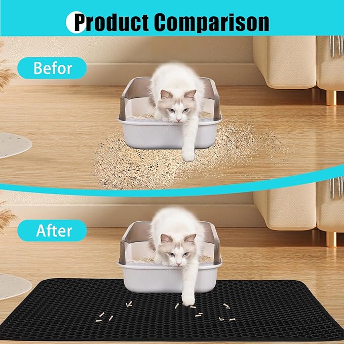 Cat Litter Mat, Kitty Litter Collector, Double Layered Honeycomb Design Waterproof, Anti Urine, Anti Slip, Easy to Clean, Limit Garbage (23"x14.5", Black)