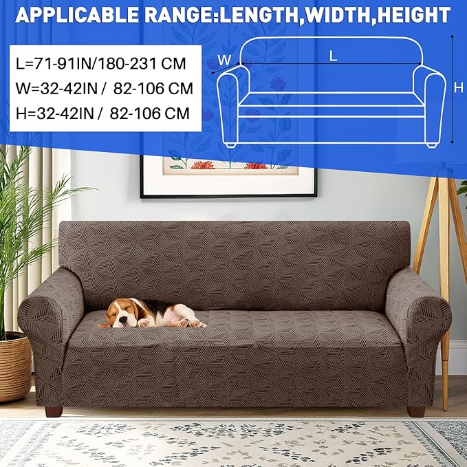 YEMYHOM 1 Piece Stretch Couch Covers for 3 Cushion Couch, Jacquard Sofa Cover with Non-Slip Elastic Bottom, Thickened Slipcover Furniture Protector for Dogs Pets (Large, Brown）