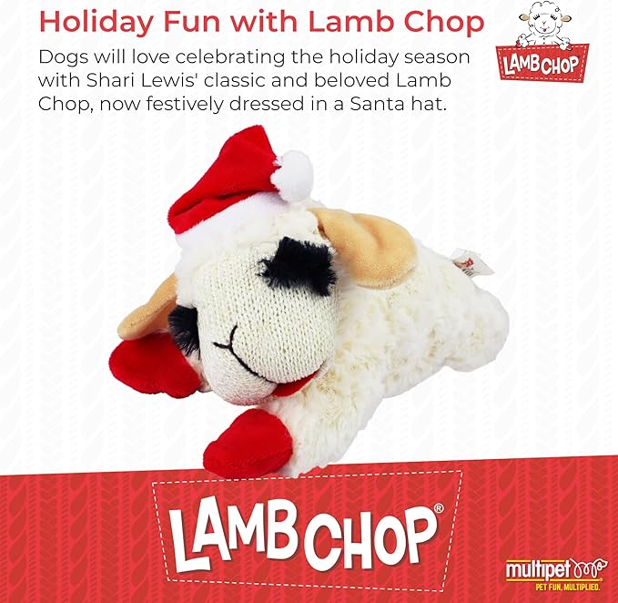 Multipet Holiday Lambchop with Santa Hat Plush Dog Toy, 10.5"