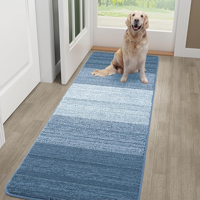 Kitinjoy Indoor Outdoor Door Mat, 59x20 Non-Slip Absorbent Dirt Trapper, Low-Profile Washable Inside Entrance Front Floor Mat, Sturdy Soft Entry Doormats for Entryway, Light Blue