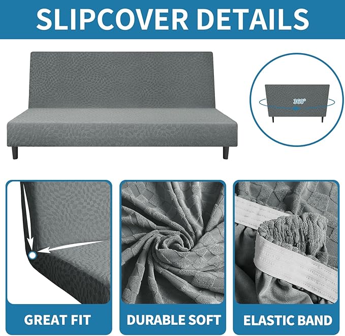 ZNSAYOTX Fashion Futon Cover (67"-82") Stretch Fit Armless Sofa Bed Slipcover, Universal Foldable Sofa Mattress Protector Full Queen Size, Irregular Plaid Texture Jacquard Futon Protector (Light Grey)
