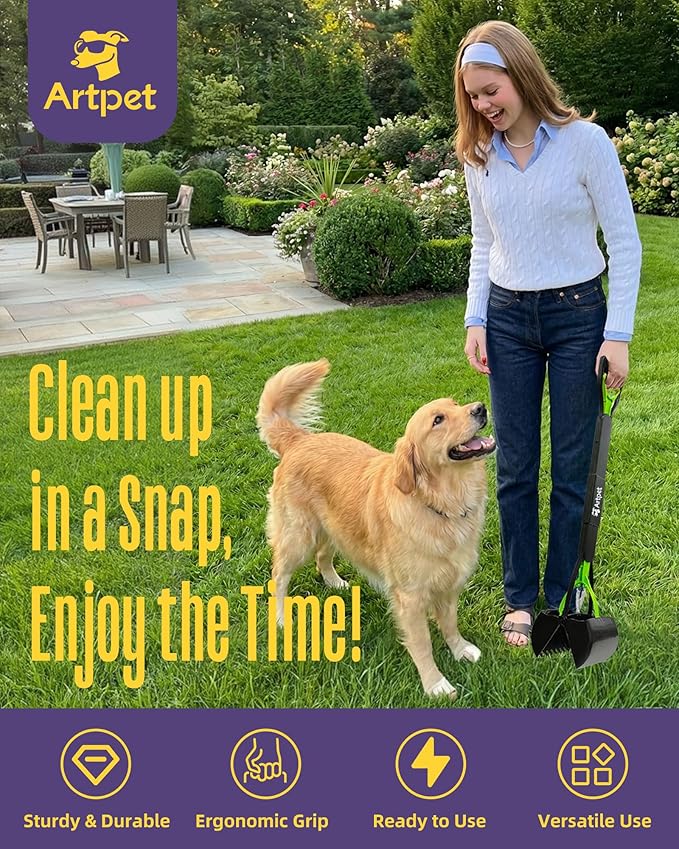 32 Inch Dog Pooper Scooper Long Handle for Large Dogs for Yard – No Bending Great on The Back, Ease of Pick Up, Convenient, Heavy Duty, Grass Friendly, Plastic, Green