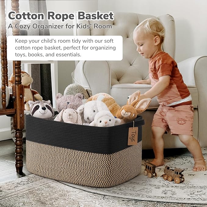 Goodpick Woven Storage Baskets for Organizing 22”x17”x12” Large Blanket Basket for Living Room Bedroom, Rectangle Wicker Storage Basket with Handles, Toy Baskets for Baby Boys, Black & Jute