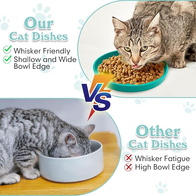 Silicone Cat Food Bowls Shallow Cat Dishes 5.9in Wide Pet Plates Set of 2 Small Flat Dog Saucer Bowl Cute Whisker Fatigue Kitten Feeding Dish for Dry & Wet Food (Round Blue + Green)