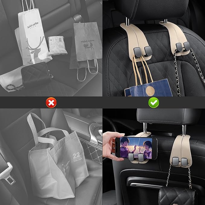 2 Pack KAFANLIN Car Headrest Hooks for Purses and Bags Cute Leather Car Seat Back Head Rest Double Hooks for Bags Cute Pink Beige Car Accessories Headrest Back Seat Handbags Hook (Gray 2 Pack)