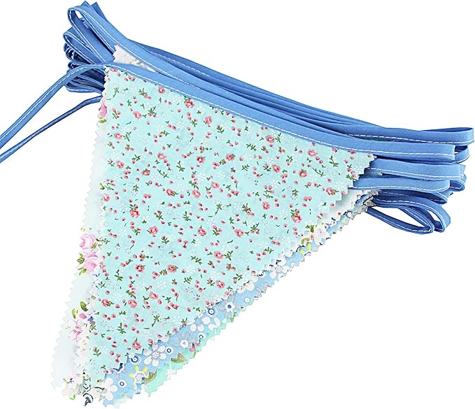 G2PLUS 39Ft Triangle Bunting Banner, 42Pcs Blue Floral Garland Pennant Banner, Reusable Cotton Triangle Flags Party Decoration for Birthday, Wedding, Garden Tea Party, Baby Shower, Room Decor
