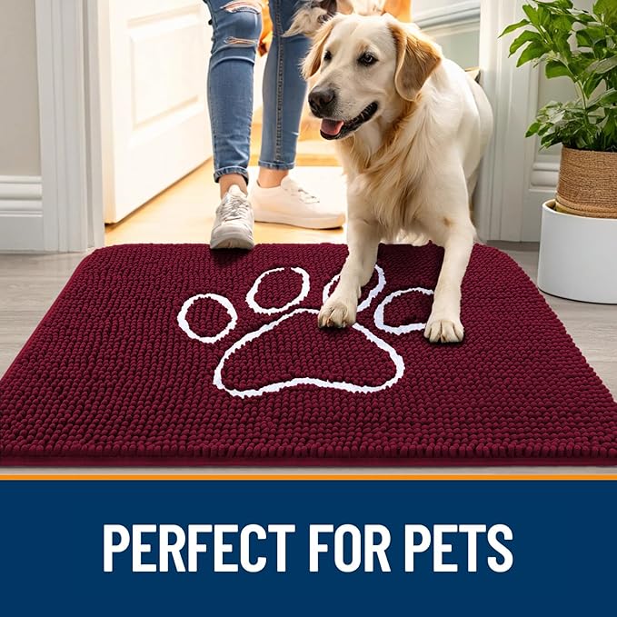 OLANLY Dog Door Mat for Muddy Paws 47x32, Paw Print Design, Absorbs Moisture and Dirt, Absorbent Non-Slip Washable Doormat, Quick Dry Chenille Mud Mat for Dogs, Entry Indoor Entryway Carpet, Burgundy