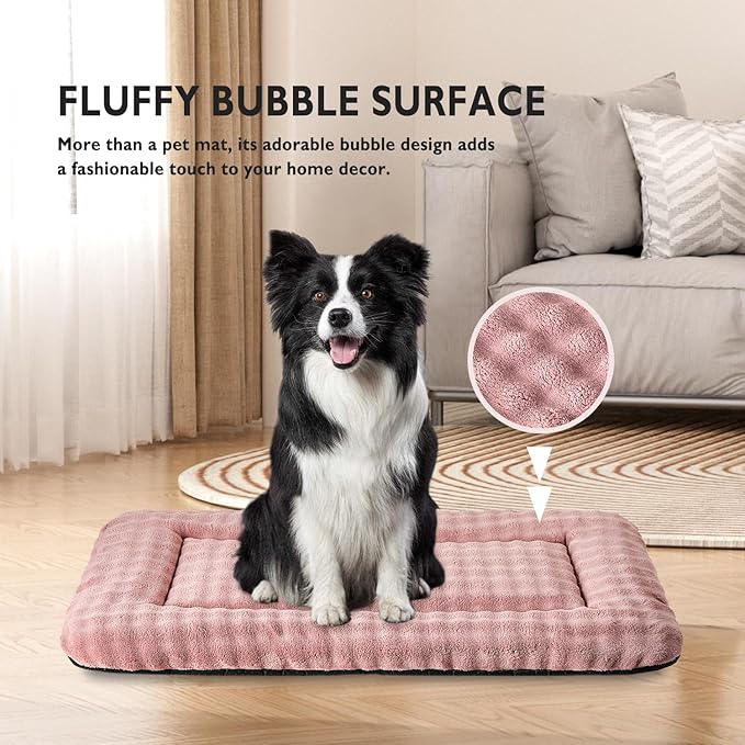 Dog Bed Mat Crate Pad for Large Dogs, Washable Soft Pet Sleeping Mat Kennel Pad with 3D Bubble Pattern, Dusty Pink, 36"x 23"