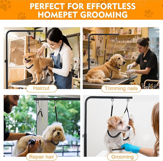 Dog Grooming Arm, Adjustable Pet Grooming Arm with Clamp for Small and Medium Dogs,Grooming Loop and No Sit Haunch Holder (Black, 29" H Arm + Heavy Duty Clamp + Hammock)
