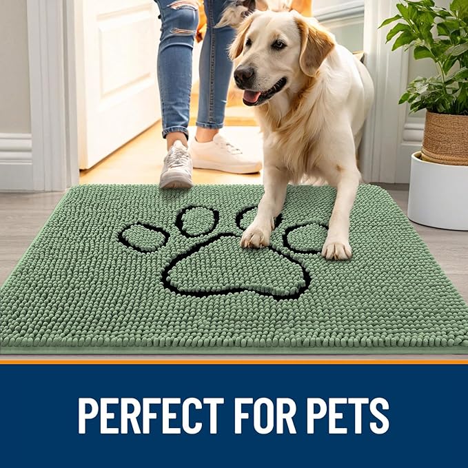 OLANLY Dog Door Mat for Muddy Paws 48x30, Paw Print Design, Absorbs Moisture and Dirt, Absorbent Non-Slip Washable Doormat, Quick Dry Chenille Mud Mat, Entry Indoor Entryway Carpet, Olive Green