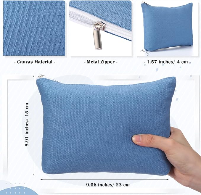 Reginary 10 Pcs Valentines Canvas Makeup Bags Bulk for Women Travel Toiletry Cosmetics Bags Blank DIY Pencil Pouch, Gift for Valentines Patrick's Day Wedding Bridal Shower Coworker(Blue)