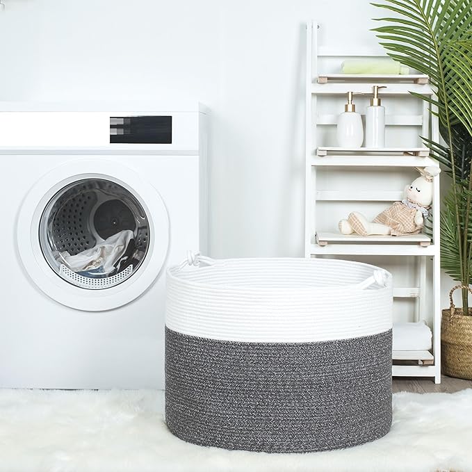 MINTWOOD Design Extra Large 22 x 16in Decorative Woven Cotton Rope Blanket Storage Basket Bin Living Room with Handles and Laundry Hamper for Pillows, Pool Towels, Dog Toys, Shoes, Dark Grey