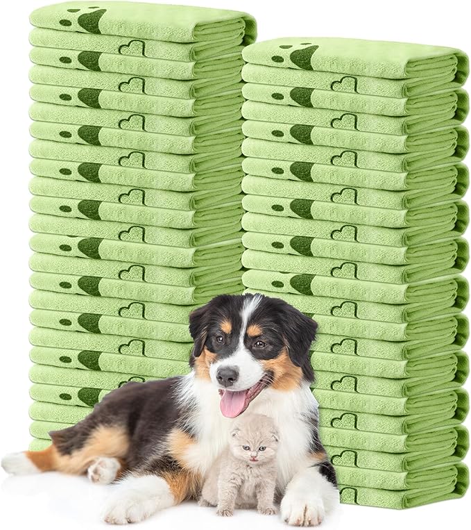 Tatuo 22 Pcs Dog Towels for Drying 20 x 40 Inch Pet Bath Towels Absorbent Microfiber Towel Quick Drying Puppy Bathing Supplies for Small Medium Large Dog Puppy Cat(Green,Bone Pattern)