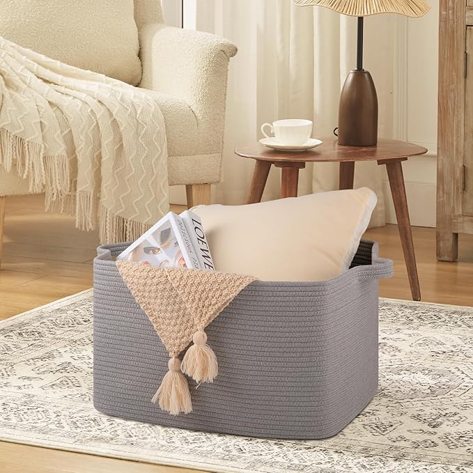 Large Blanket Basket, Blanket Storage Living Room, Rectangle Woven Baskets for Storage Toys, Towels, Dirty Clothes Organizer Bins (Light Grey)
