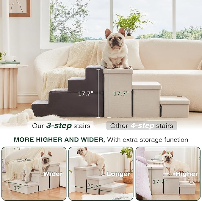 Love's cabin Dog Stairs for High Bed 18" H,Foldable Pet Stairs for Small Medium or Large Dogs Puppy with Storage for Bed or Couch, Cat Dog Steps Ramp with Zip up to 200 lbs(Beige,3 Steps no Condo)