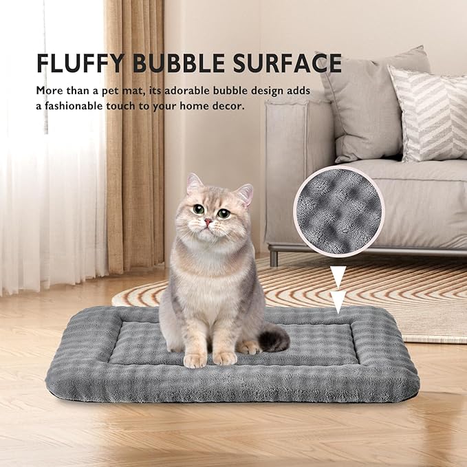 Pet Bed Mat Crate Pad for Cats Small Dogs, Washable Soft Pet Sleeping Mat Kennel Pad with 3D Bubble Pattern, Grey, 24"x 18"