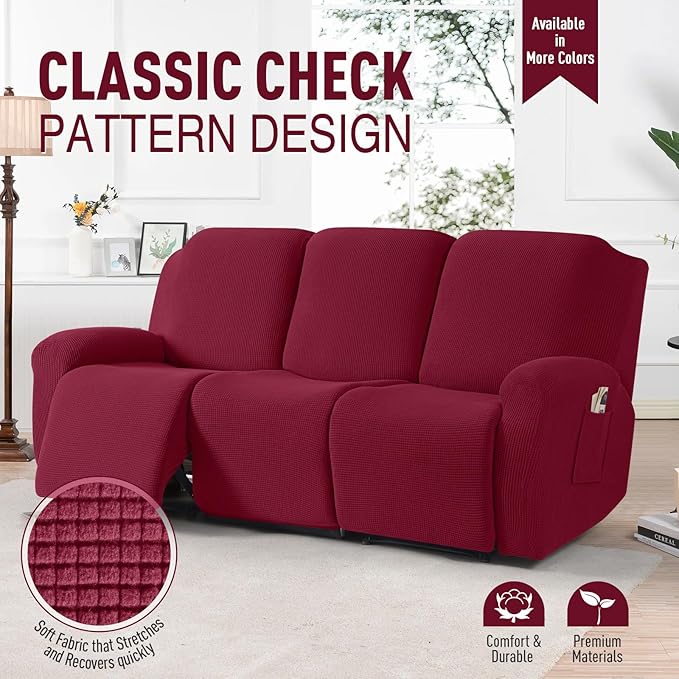 TAOCOCO Recliner Sofa Covers 8-Pieces Stretch Large Couch Covers for 3 Seats Reclining Slipcovers Soft Jacquard Pattern Furniture Protector (Burgundy)