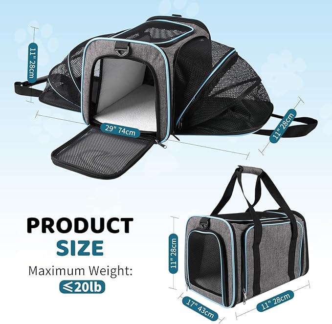 Cat Carrier TSA Airline Approved - Expandable Soft Cat Dog Pet Carrier, Collapsible Pet Travel Bag Carrier with Foldable Pet Bowl for Large Cats Small Medium Dogs for Camping Vet Visiting 17*11*11