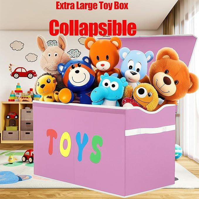 Toy Box Chest, Collapsible Sturdy Storage Bins with Lids, Extra Large Kids Toy Storage Organizer Boxes Bins Baskets for Kids, Boys, Girls, Nursery Room, Playroom, Closet (Classical Pink)