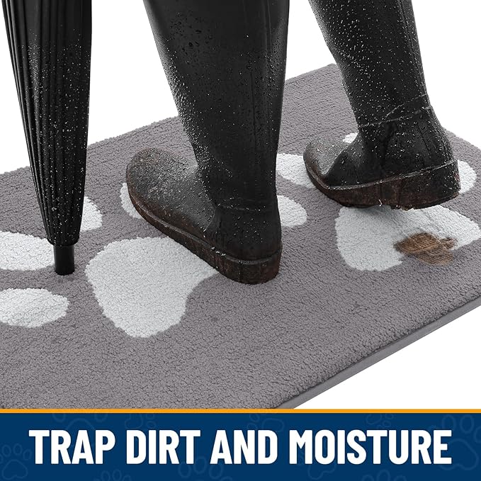 Smiry Dog Door Mat for Muddy Paws, Absorbs Moisture and Dirt, Low-Profile Entryway Mat with Non-Slip Backing, Entry Indoor Outdoor Doormat for Inside Floor (30x20 Inches, Light Grey, Paw)