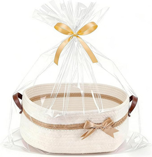 Large Gift Baskets Empty with Handles, 14"x 10"x 5.5" Cotton Rope Storage Basket Storage for Gifts Clothes Baby Diaper Pet Toys (White)