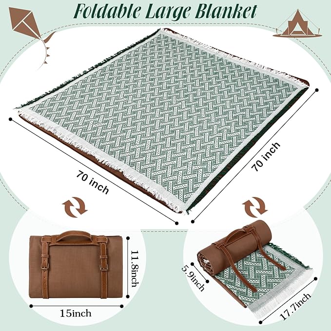 VitalCozy Waterproof Picnic Blankets Outdoor Blanket Foldable 2 in 1 Double Layer Sandproof Beach Mat with Carry Strap for Camping Lawn Park Beach Grass(Green White)