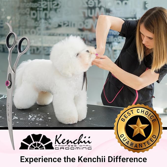 Kenchii Love Left Handed Dog Grooming Scissors, 8 Inch Curved Shears, Dog Scissors for Grooming, Professional Pet Grooming Scissors, Ergonomic & Comfortable