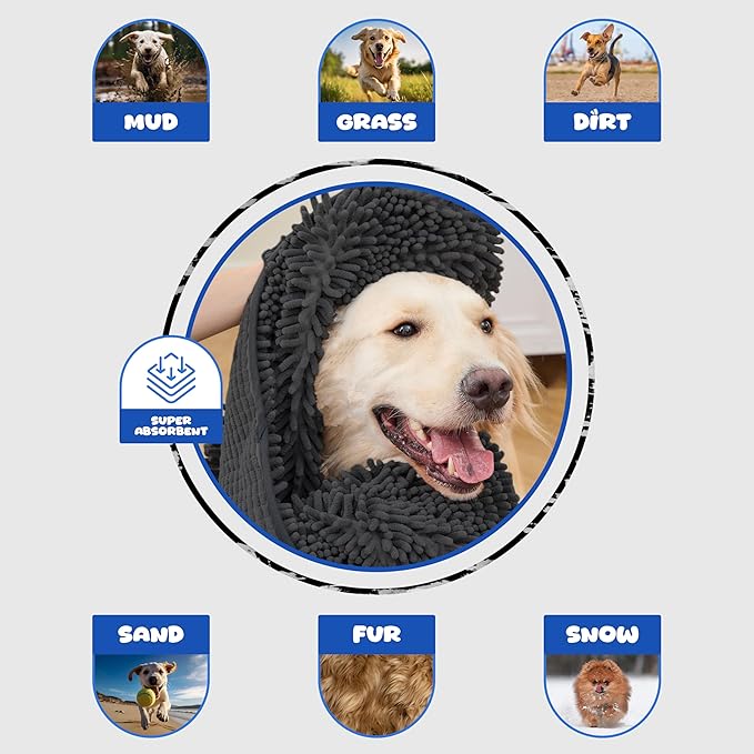 Microfiber Dog Bath Towel – Super Absorbent Dog Towels for Drying Dogs Large & Small, Quick Dry Pet Towel with Hand Pockets, Soft & Durable Puppy Towel, Machine Washable – Black