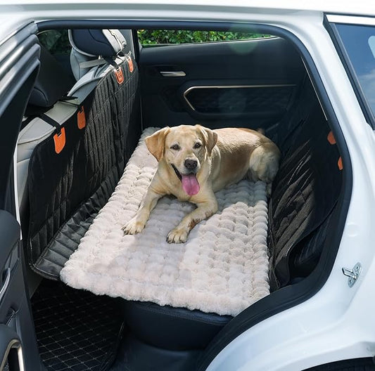 Dog Car Seat Cover for Back Seat, Plush Dog Bed Mat for Car, Fit for Backseat Extenders, Travel Pet Mat, Nonslip Soft Pet Pad for Cars Trucks and SUVs (Khaki, 24.8x54 inch)