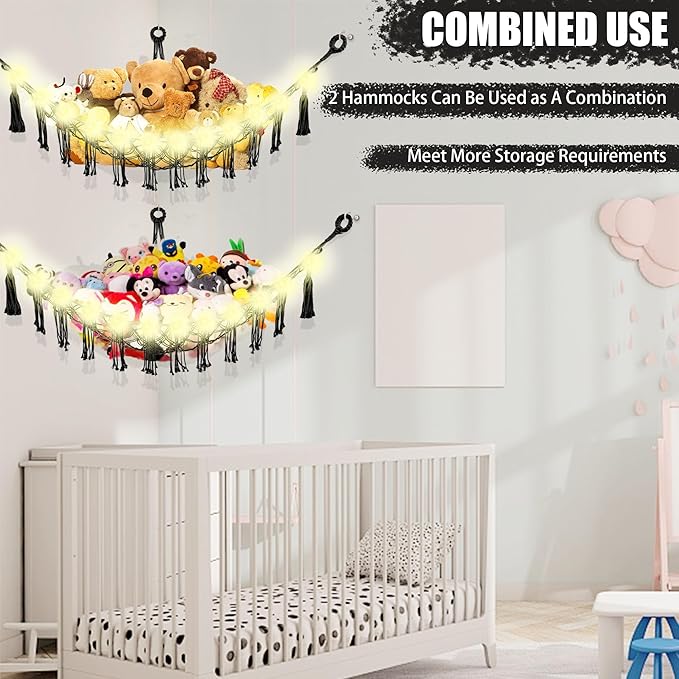 CERETIA Stuffed Animal Hammock with LED Light, Large Stuffed Animals Storage Corner Plushie Net for Kids Room Decor, 2 Packs Black