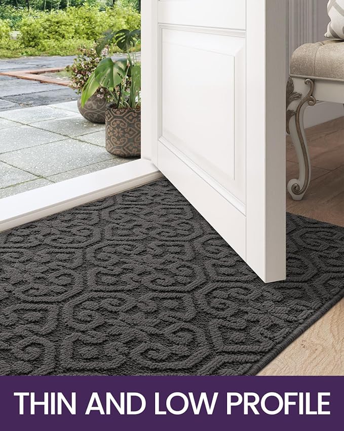 DEXI Front Door Entryway Mat Non Slip, 2x3 ft Washable Inside Entrance for House Floor Low Profile, Thin Entry Doormat Absorbent Dirt Trapper, Dark Grey