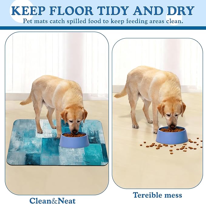 Blue Teal Dog Cat Food Mat–Absorbent Waterproof Placemat for Food and Water Bowls, Non Slip Rubber Backing, Feeding Mat for Clean Floors 12"x20"