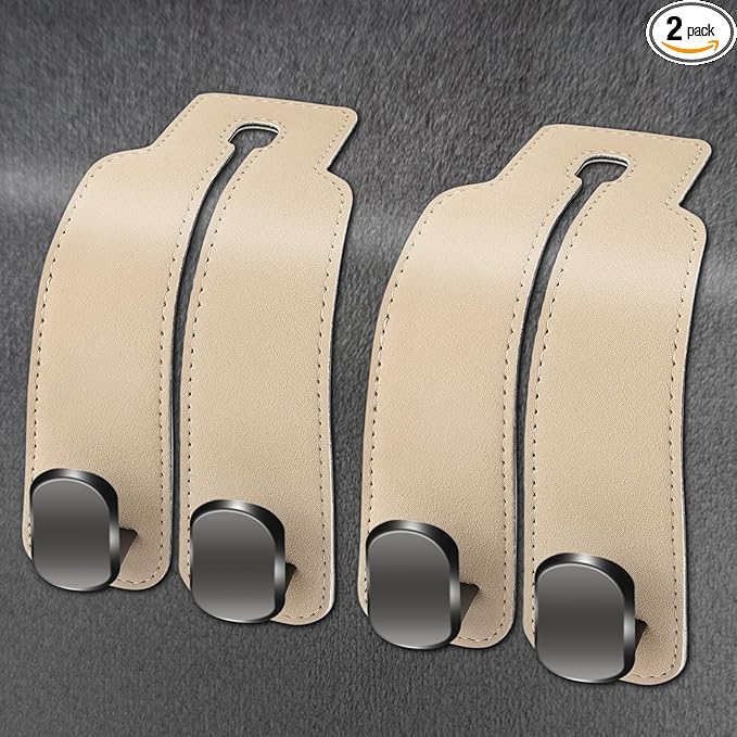 Amelity Car Seat Back Storage Hook, Purse Holder for Car, Car Seat Hooks for Purses and Bags, Car Seat Hooks for Headrest (2 Pack, Beige)