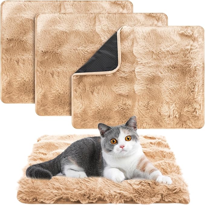 3 Pack Khaki Self Warming Cat Bed Indoor 16''x24'' Self Heating Cat Mat Ultra Soft Thermal Kitten Bed Heated Pet Dog Pad Washable Removable for Outdoor Use Non Slip Reflect Body Heat