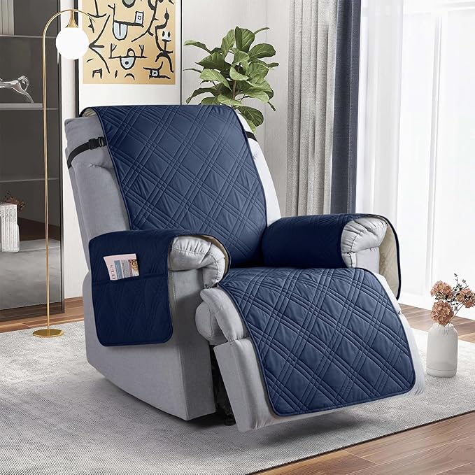 TAOCOCO 100% Waterproof Recliner Chair Cover, Non Slip Recliner Covers for Recliner Chair with Pocket, Washable Reclining Chair Cover Furniture Protector for Kids, Pets(23.6'', Navy Blue)
