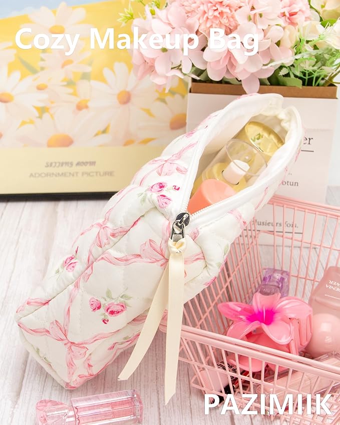 PAZIMIIK 3PCS Makeup Bag SET Large Travel Quilted Zipper Soft Cosmetic Case Pouch for Women Girls Make Up,Bow Rose