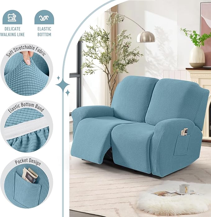TAOCOCO Recliner Loveseat Slipcover, 6 Pieces Dual Recliner Sofa Covers for 2 Seat Dual Reclining Loveseat Couch, Stretch Soft Jacquard Pattern Furniture Protector with Elasticity (Dusty Blue)