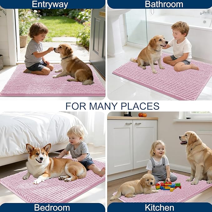 OLANLY Dog Door Mat for Muddy Paws 30x20, Ultra Absorbent Chenille Mud Doormat, Non-Slip Washable and Dirt Trapping Doormat for Indoor Entryway, Quick-Dry Indoor Pet Bed Mats for Dogs, Dusty Rose