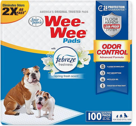 Four Paws Wee-Wee Odor Control with Febreze Freshness Pee Pads for Dogs & Puppies, Leak-Proof Dog Housebreaking Potty Training Floor Protection, Spring Fresh Scent, 22" x 23", 10 Count