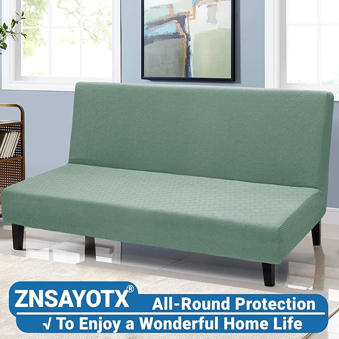 ZNSAYOTX Stretch Fit Futon Cover (67"-82") Armless Futon Sofa Bed Slipcover with Elastic Band, Universal Foldable Sofa Mattress Protector Full Queen Size, Washable Comfort Jacquard (Pea Green)