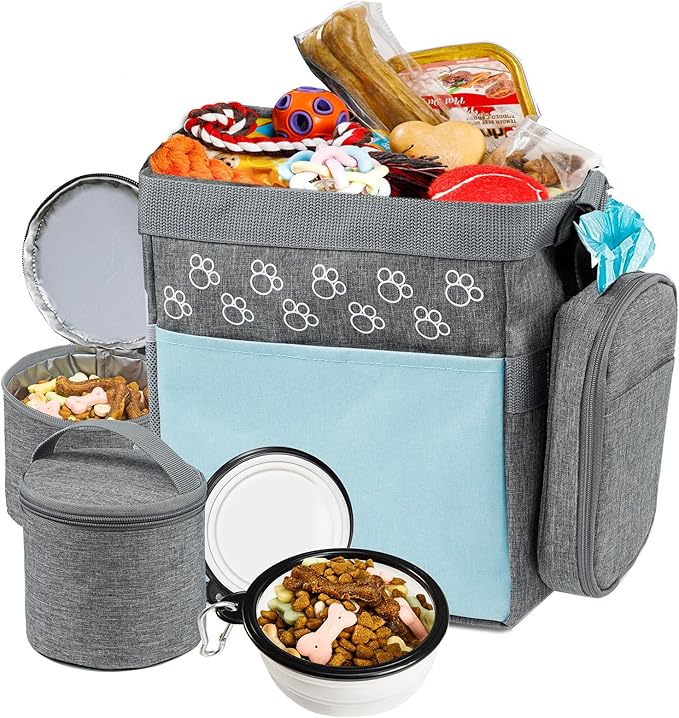 CLAWIST Dog Travel Bag with Treat Pouch, Airline Approved Dog Bags for Traveling, 2 Dog Food Travel Container, 2 Travel Bowls, Weekend Dog Travel Bag for Supplies, Dog Travel Kit Accessories